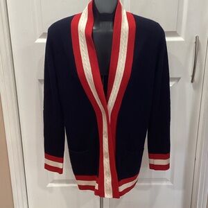 MADELEINE THOMPSON Red and White Trim Dark Navy Cashmere Cardigan